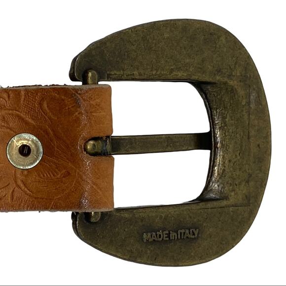 Sand Castle Floral Embossed Tan Leather & Metal Mesh Western Style Belt - Picture 7 of 9